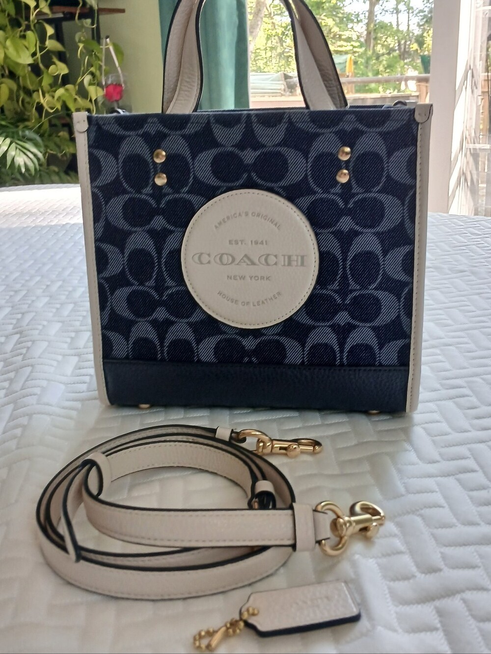 Coach Navy Signature Mini Tote with Cream Trim and Gold Hardware